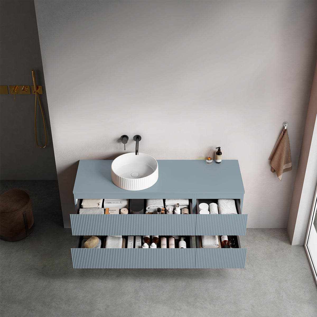 Mobile bagno sospeso cannettato reversibile  140 cm Blu Avio per Lavabo d'appoggio Senza Specchio - Fiji Paint Top Canneté