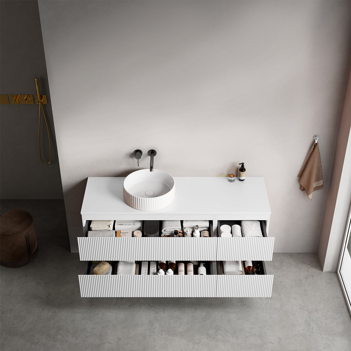 Mobile bagno sospeso cannettato reversibile  140 cm Bianco Opaco per Lavabo d'appoggio Senza Specchio - Fiji Paint Top Canneté