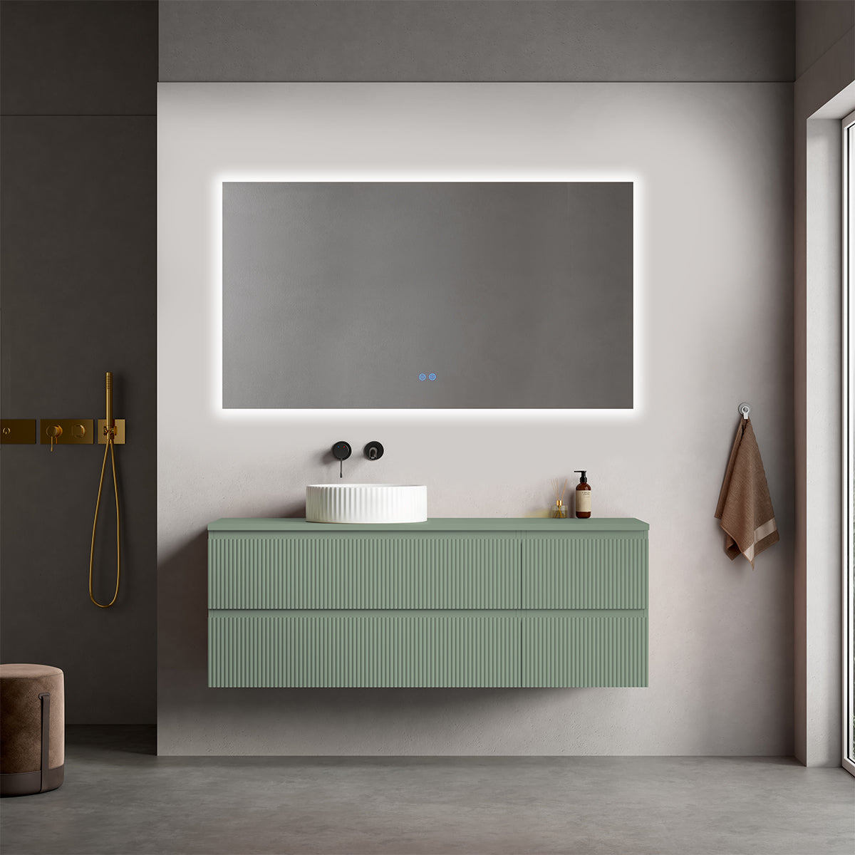 Mobile bagno sospeso cannettato reversibile  140 cm Verde Salvia per Lavabo d'appoggio Specchio Quadro Retroilluminato - Fiji Paint Top Canneté