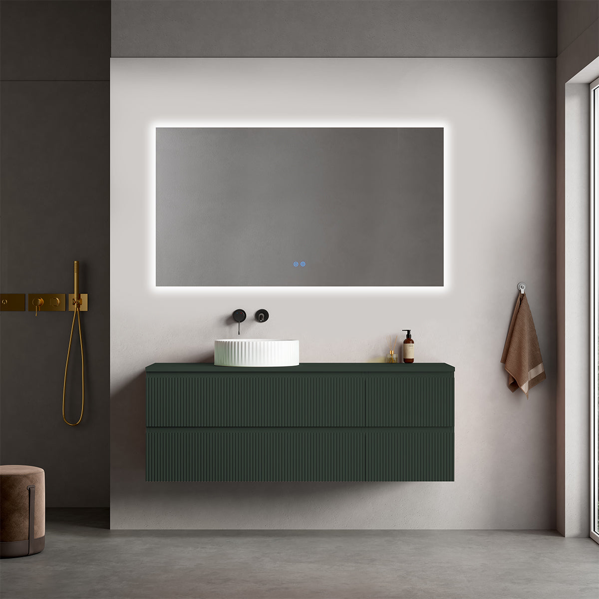 Mobile bagno sospeso cannettato reversibile  140 cm Verde Comodoro  per Lavabo d'appoggio Specchio Quadro Retroilluminato - Fiji Paint Top Canneté