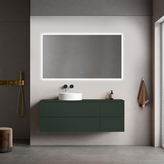 Mobile bagno sospeso cannettato reversibile  140 cm Verde Comodoro  per Lavabo d'appoggio Specchio Quadro Retroilluminato - Fiji Paint Top Canneté