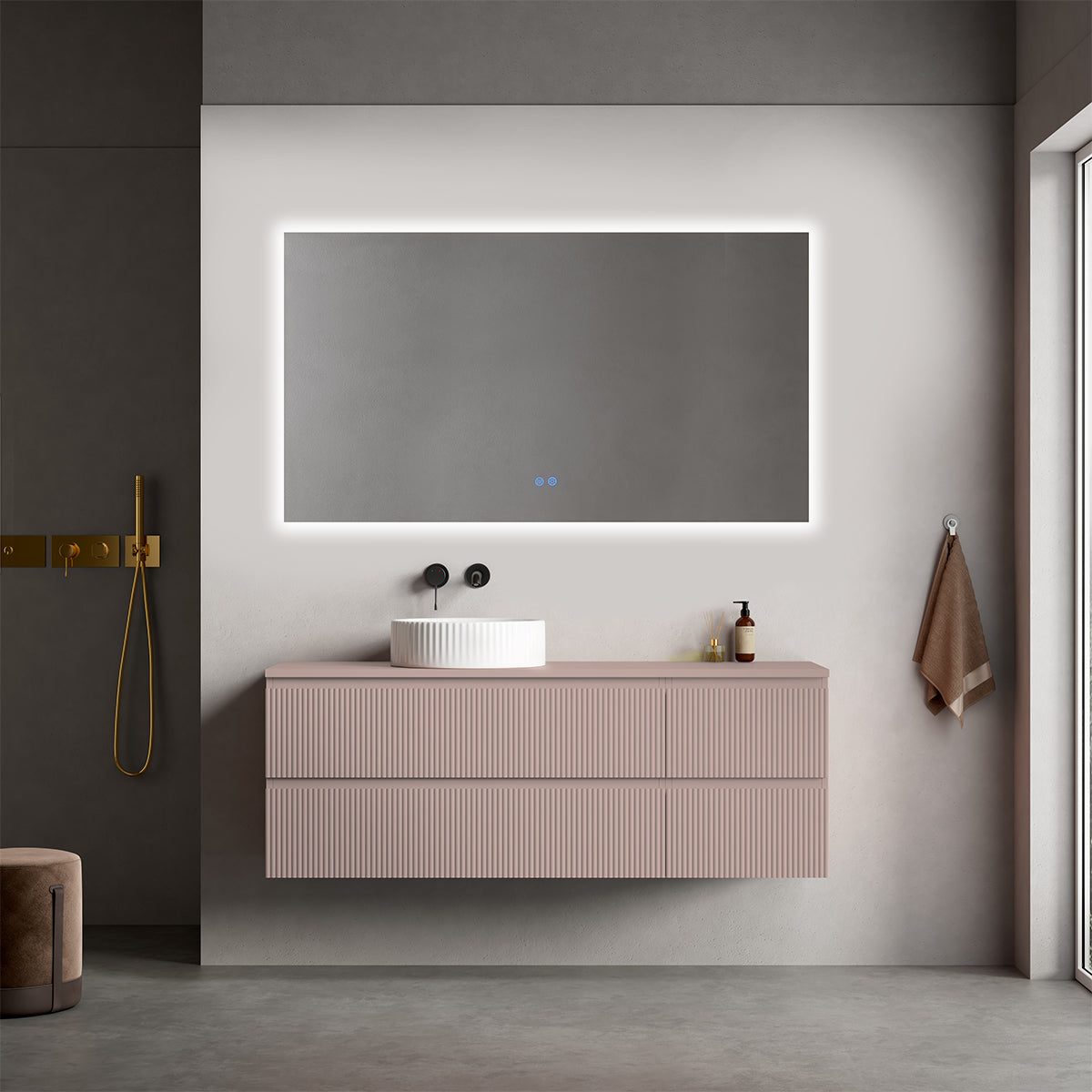 Mobile bagno sospeso cannettato reversibile  140 cm Rosa Retrò per Lavabo d'appoggio Specchio Quadro Retroilluminato - Fiji Paint Top Canneté