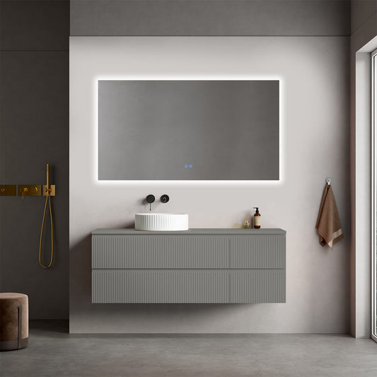 Mobile bagno sospeso cannettato reversibile  140 cm Grigio Londra per Lavabo d'appoggio Specchio Quadro Retroilluminato - Fiji Paint Top Canneté