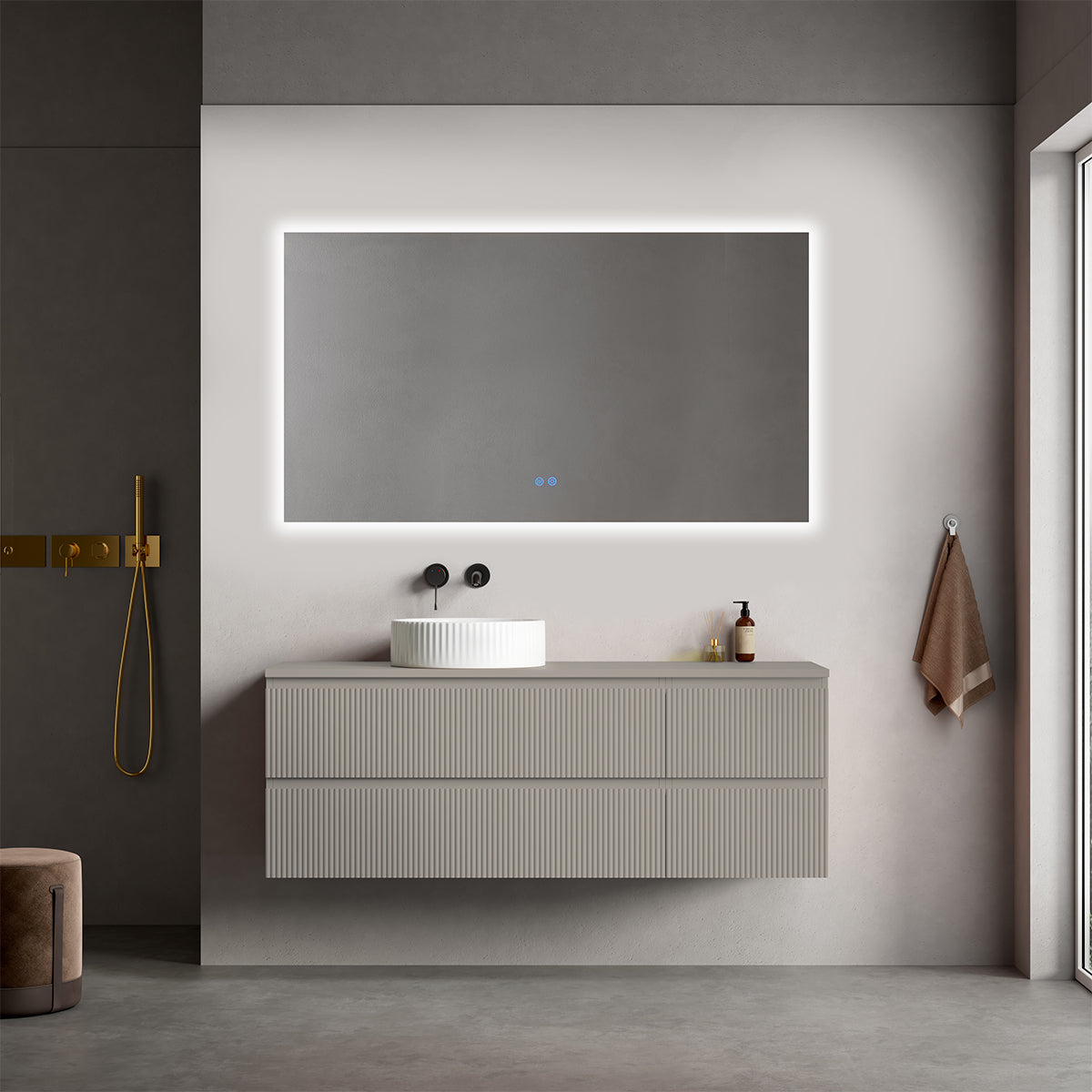 Mobile bagno sospeso cannettato reversibile  140 cm Grigio Cenere  per Lavabo d'appoggio Specchio Quadro Retroilluminato - Fiji Paint Top Canneté