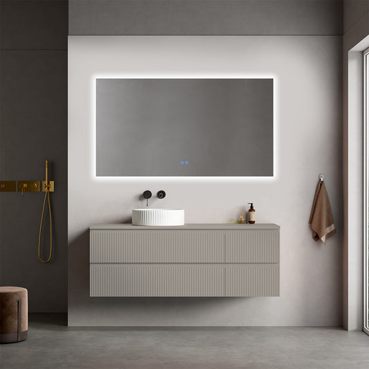 Mobile bagno sospeso cannettato reversibile  140 cm Grigio Cenere  per Lavabo d'appoggio Specchio Quadro Retroilluminato - Fiji Paint Top Canneté