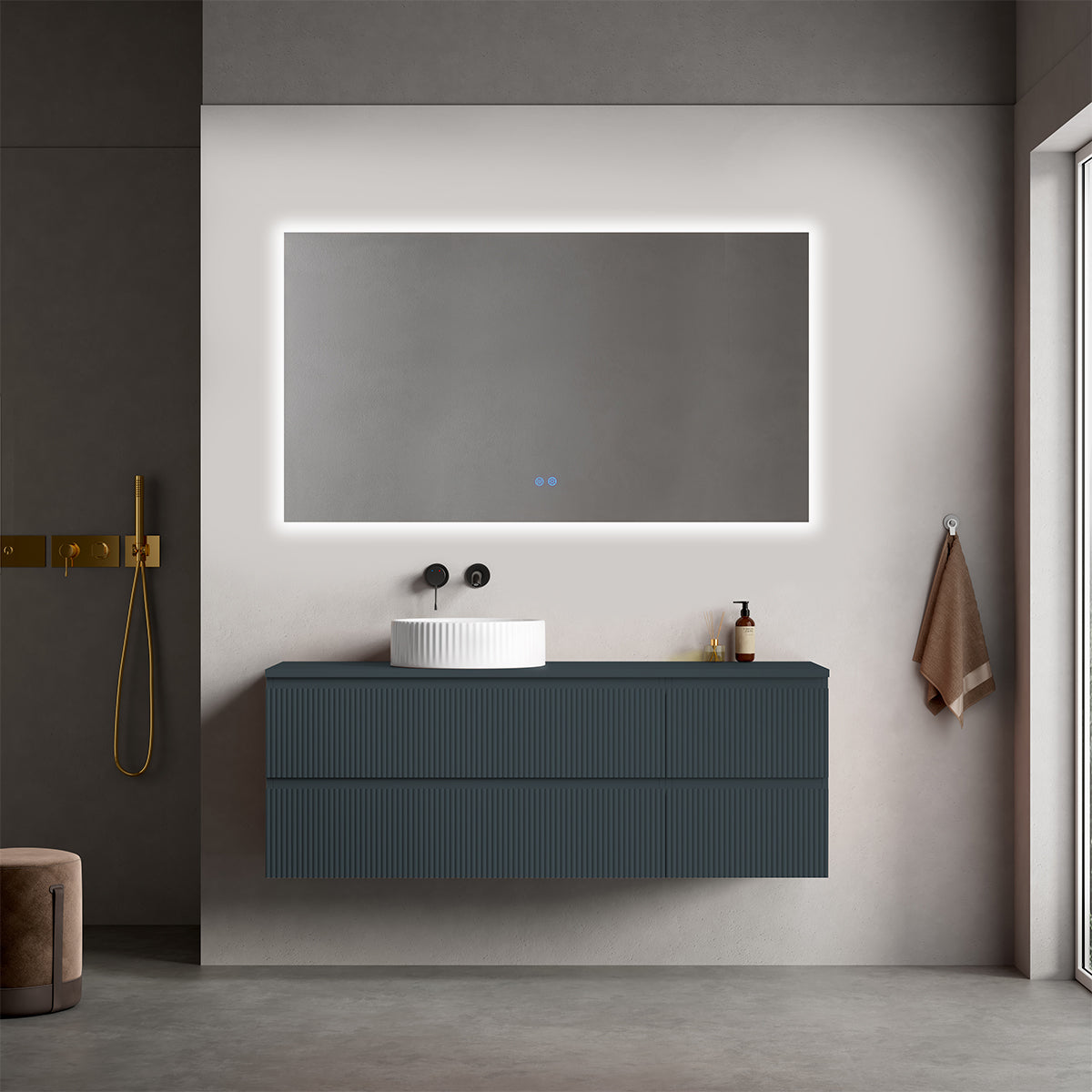 Mobile bagno sospeso cannettato reversibile  140 cm Blu Mare per Lavabo d'appoggio Specchio Quadro Retroilluminato - Fiji Paint Top Canneté