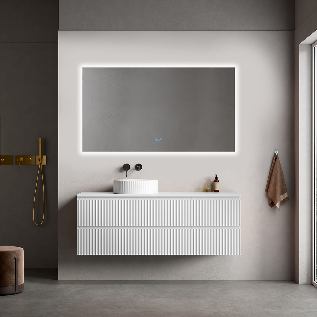 Mobile bagno sospeso cannettato reversibile  140 cm Bianco Opaco per Lavabo d'appoggio Specchio Quadro Retroilluminato - Fiji Paint Top Canneté