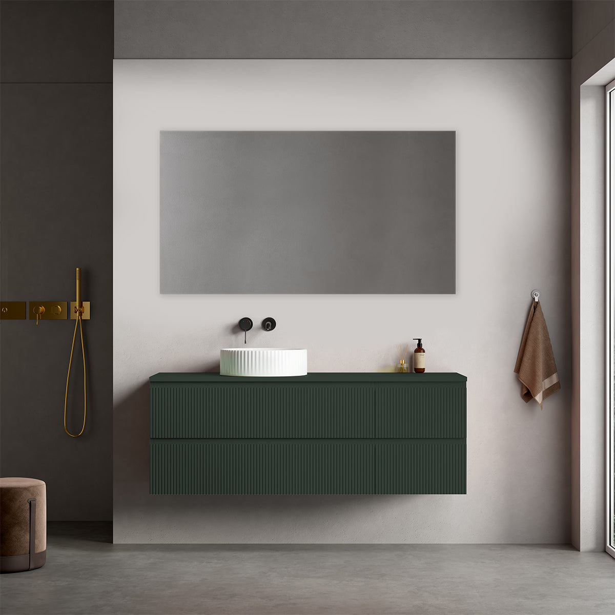 Mobile bagno sospeso cannettato reversibile  140 cm Verde Comodoro  per Lavabo d'appoggio Specchio Quadro - Fiji Paint Top Canneté