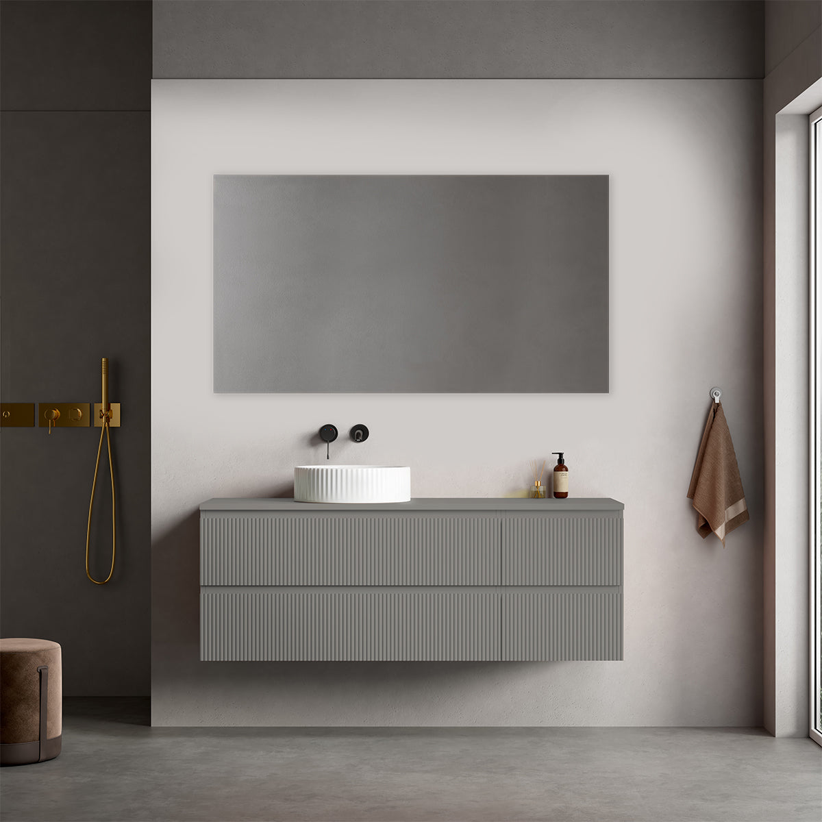 Mobile bagno sospeso cannettato reversibile  140 cm Grigio Londra per Lavabo d'appoggio Specchio Quadro - Fiji Paint Top Canneté