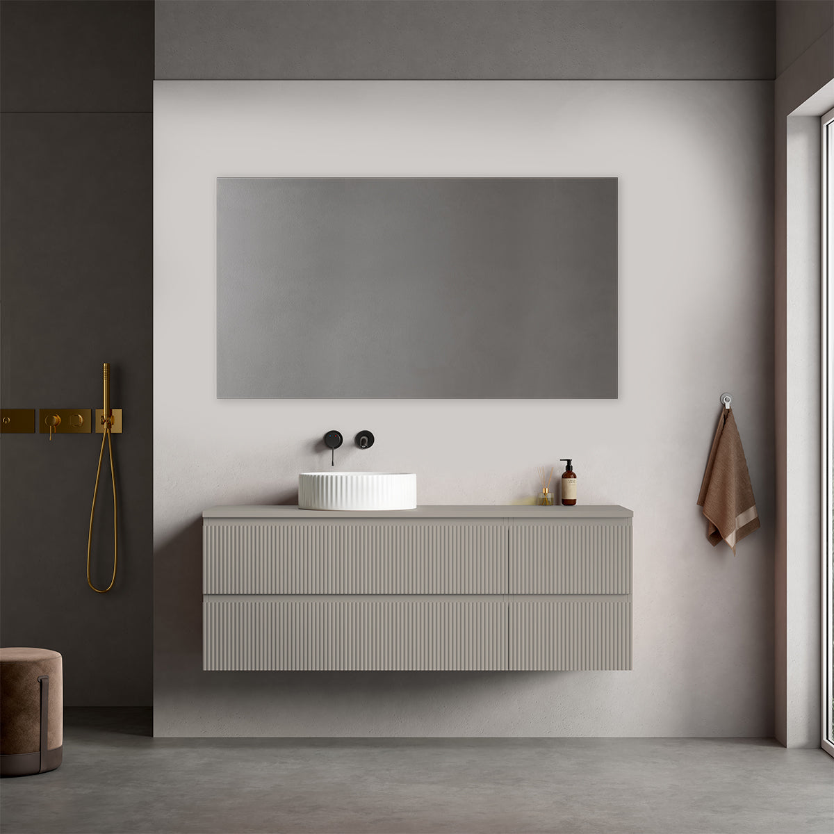 Mobile bagno sospeso cannettato reversibile  140 cm Grigio Cenere  per Lavabo d'appoggio Specchio Quadro - Fiji Paint Top Canneté