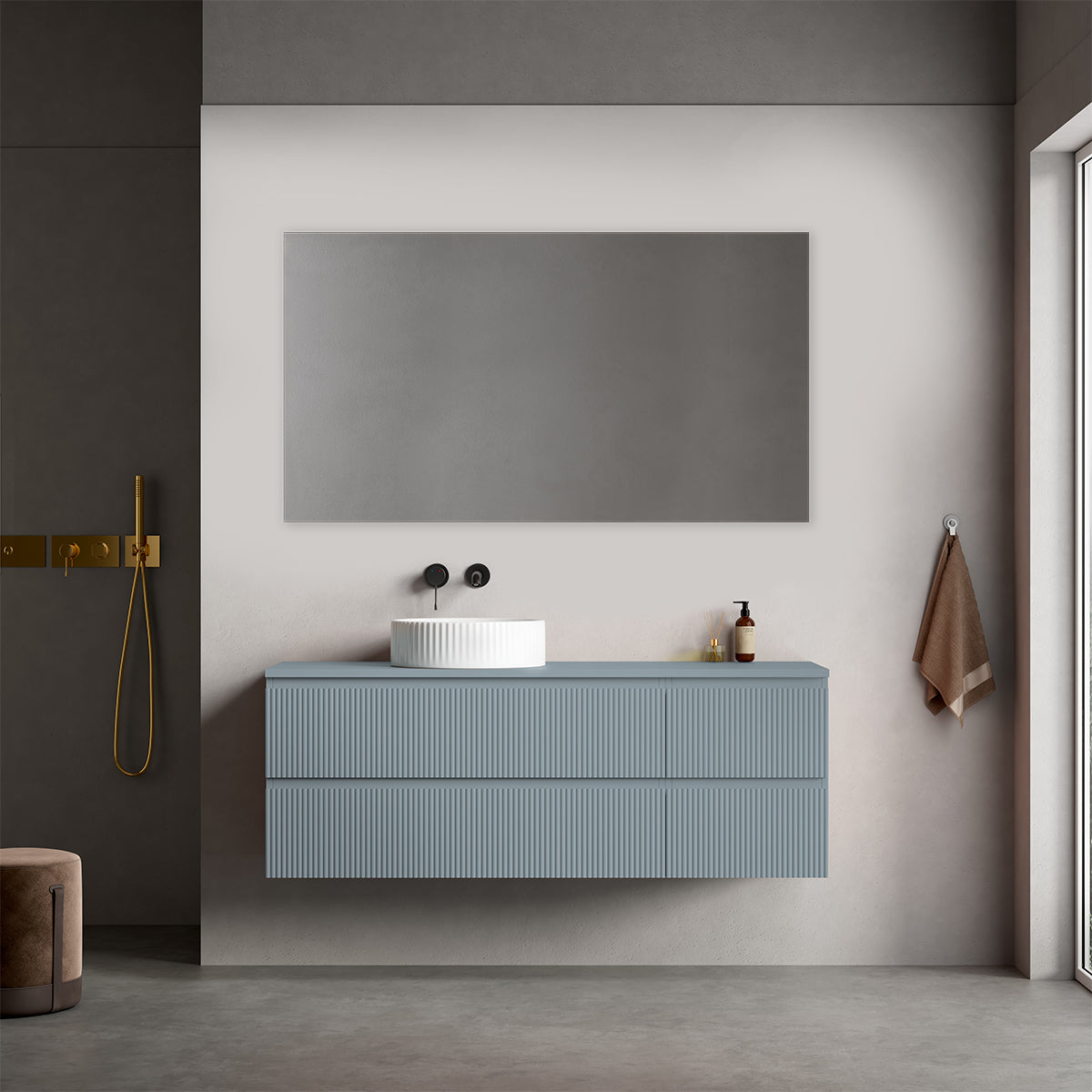 Mobile bagno sospeso cannettato reversibile  140 cm Blu Avio per Lavabo d'appoggio Specchio Quadro - Fiji Paint Top Canneté