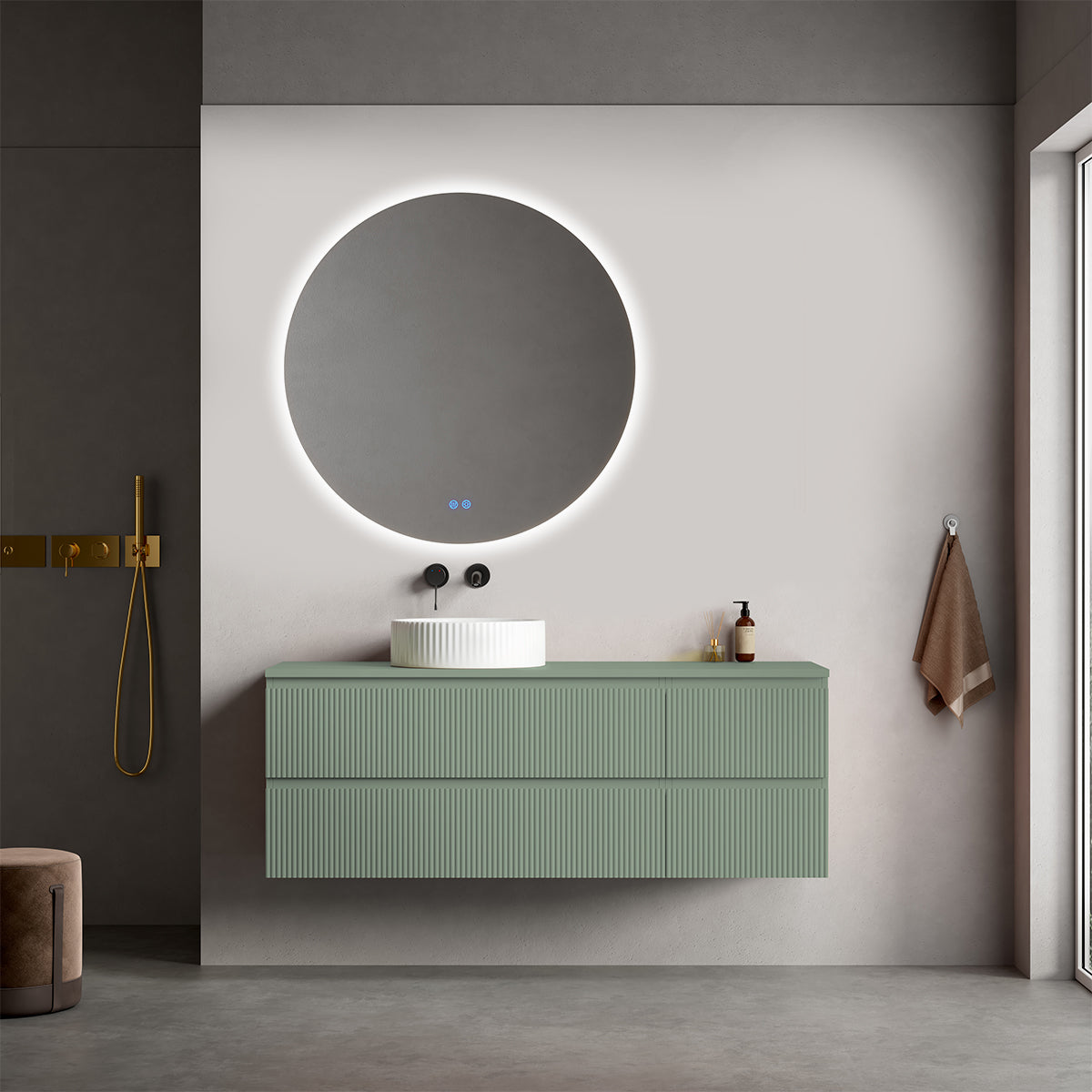 Mobile bagno sospeso cannettato reversibile  140 cm Verde Salvia per Lavabo d'appoggio Specchio Tondo Retroilluminato - Fiji Paint Top Canneté