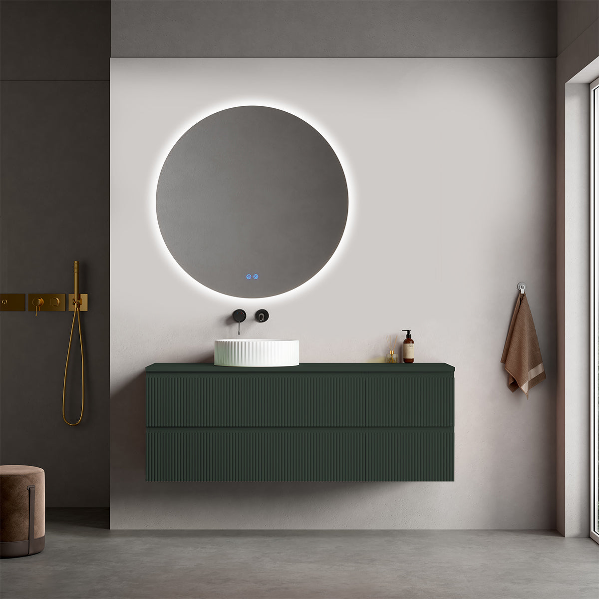 Mobile bagno sospeso cannettato reversibile  140 cm Verde Comodoro  per Lavabo d'appoggio Specchio Tondo Retroilluminato - Fiji Paint Top Canneté