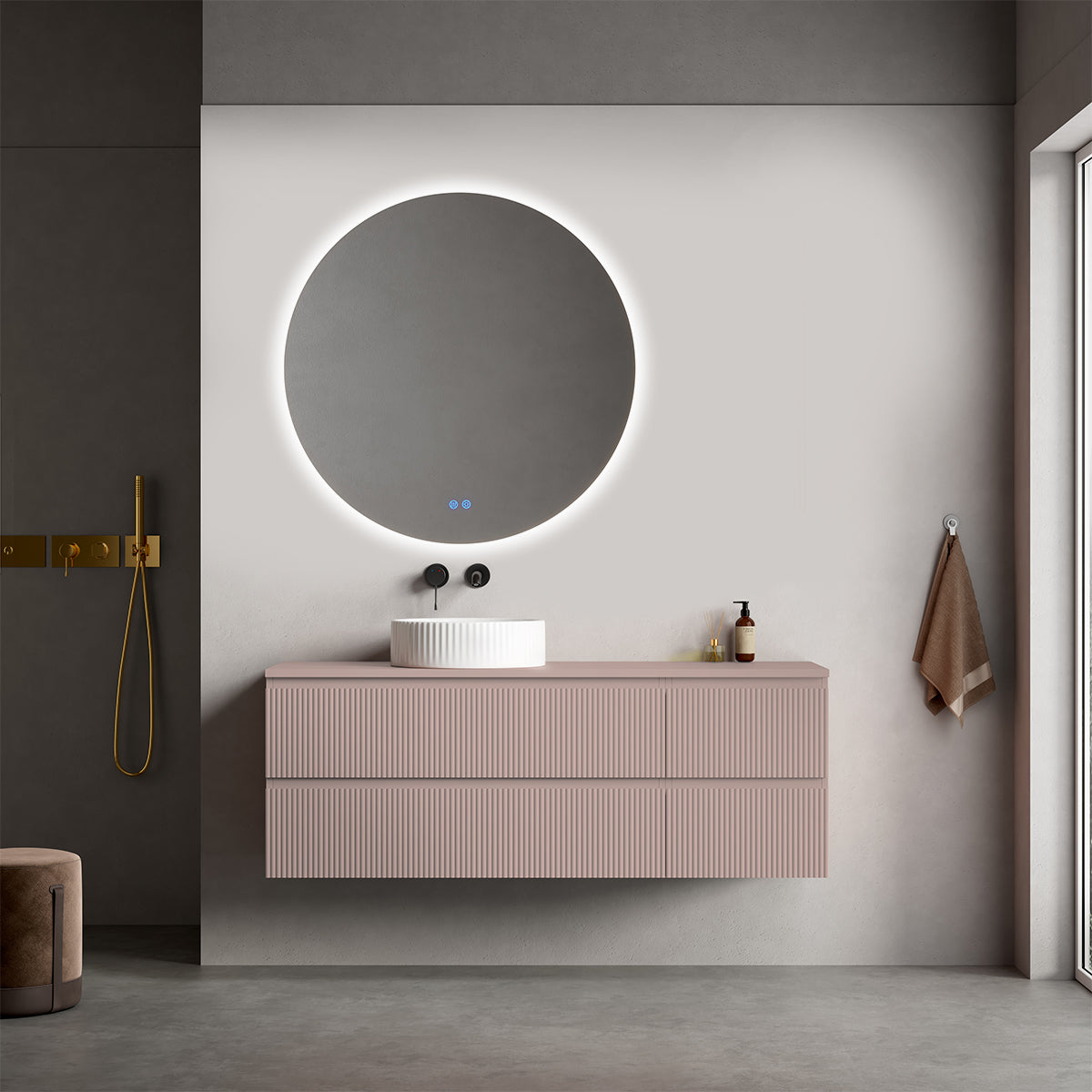 Mobile bagno sospeso cannettato reversibile  140 cm Rosa Retrò per Lavabo d'appoggio Specchio Tondo Retroilluminato - Fiji Paint Top Canneté