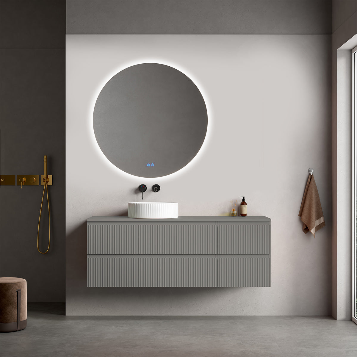 Mobile bagno sospeso cannettato reversibile  140 cm Grigio Londra per Lavabo d'appoggio Specchio Tondo Retroilluminato - Fiji Paint Top Canneté