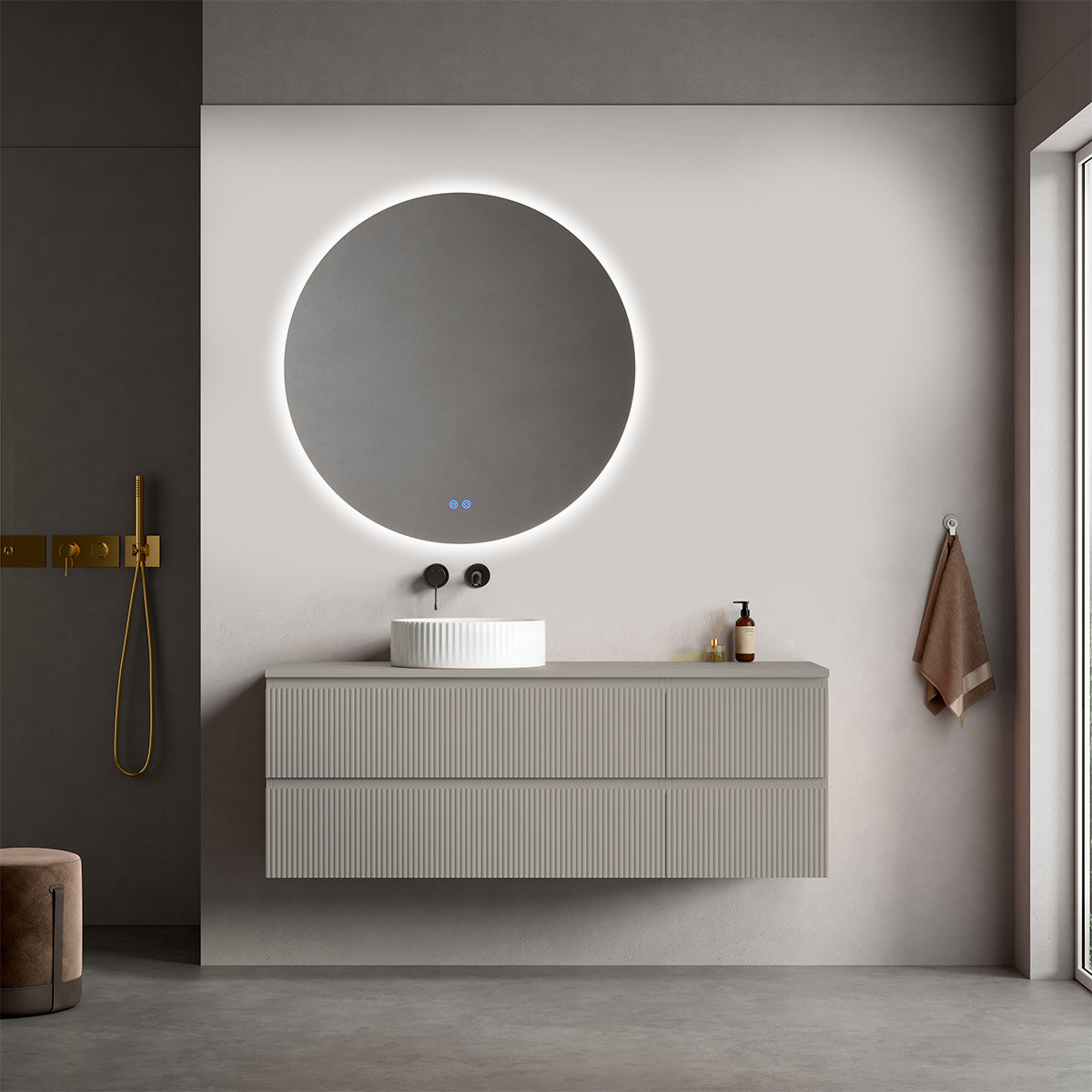 Mobile bagno sospeso cannettato reversibile  140 cm Grigio Cenere  per Lavabo d'appoggio Specchio Tondo Retroilluminato - Fiji Paint Top Canneté