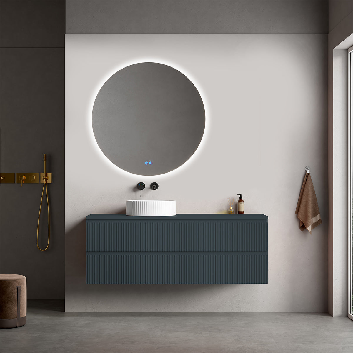 Mobile bagno sospeso cannettato reversibile  140 cm Blu Mare per Lavabo d'appoggio Specchio Tondo Retroilluminato - Fiji Paint Top Canneté