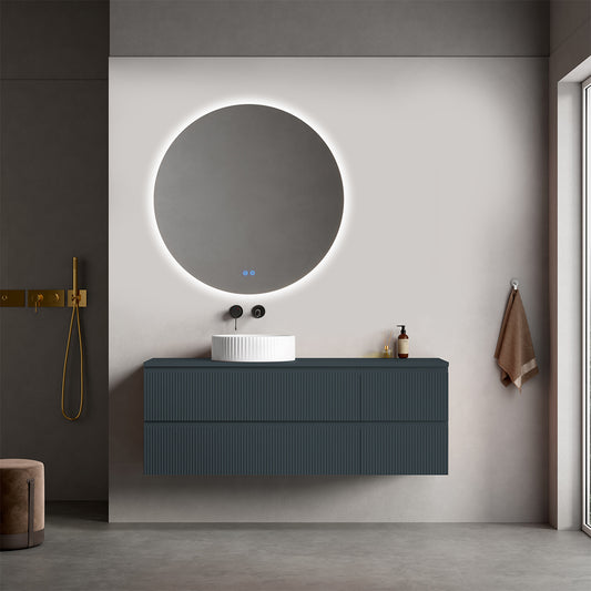 Mobile bagno sospeso cannettato reversibile  140 cm Blu Mare per Lavabo d'appoggio Specchio Tondo Retroilluminato - Fiji Paint Top Canneté