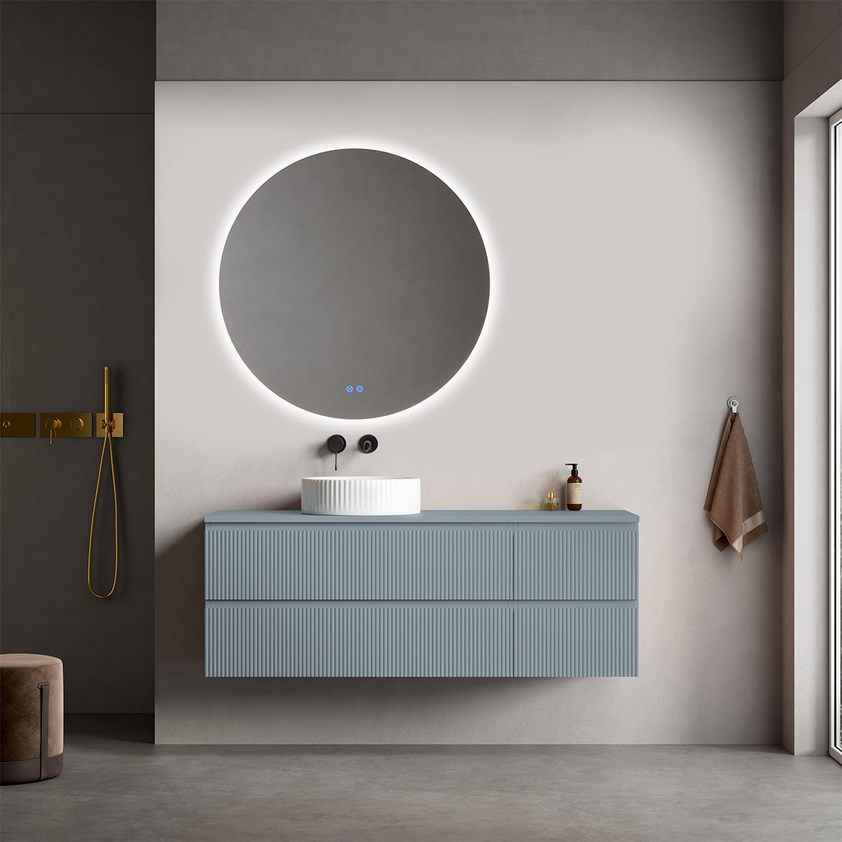 Mobile bagno sospeso cannettato reversibile  140 cm Blu Avio per Lavabo d'appoggio Specchio Tondo Retroilluminato - Fiji Paint Top Canneté