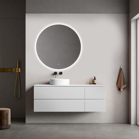Mobile bagno sospeso cannettato reversibile  140 cm Bianco Opaco per Lavabo d'appoggio Specchio Tondo Retroilluminato - Fiji Paint Top Canneté