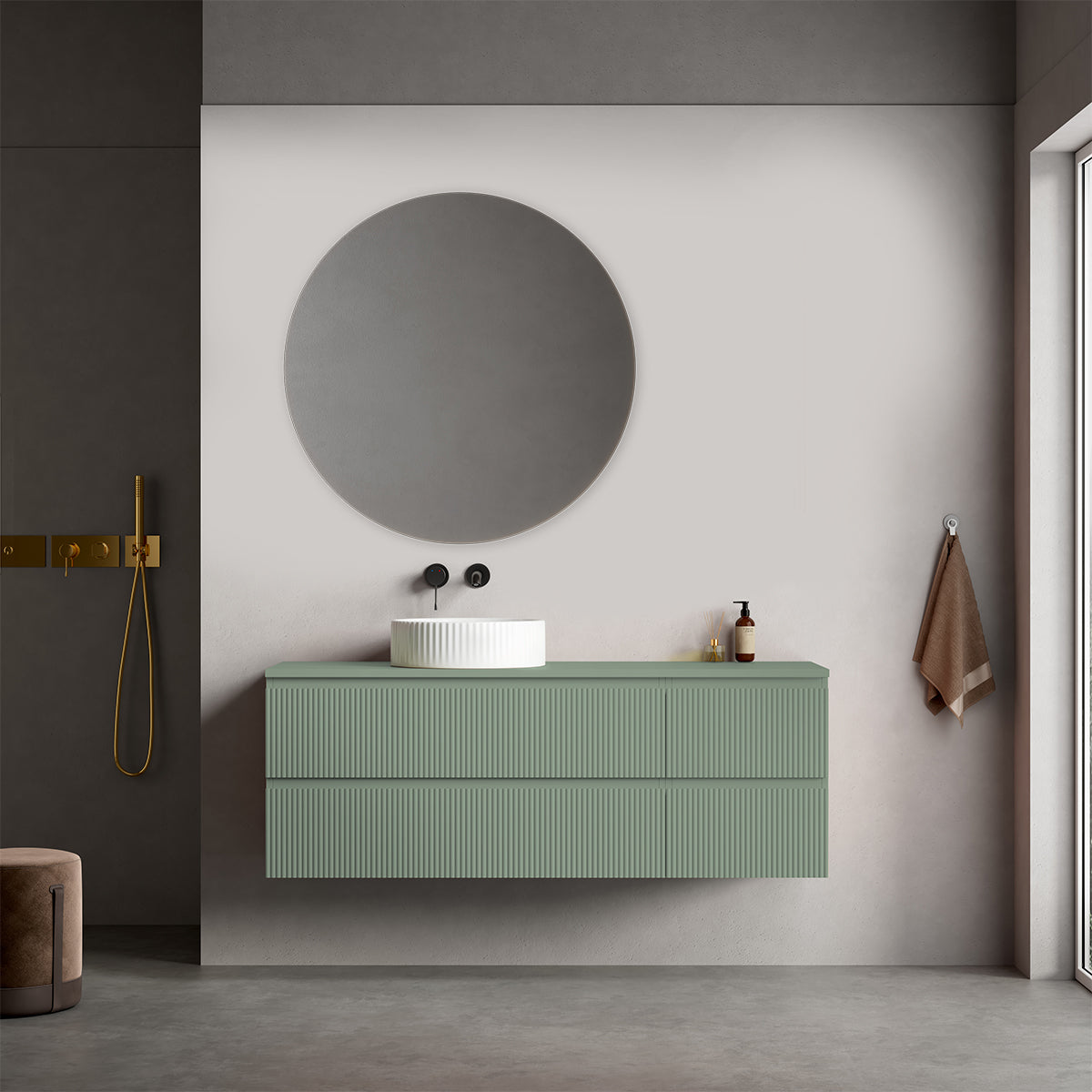 Mobile bagno sospeso cannettato reversibile  140 cm Verde Salvia per Lavabo d'appoggio Specchio Tondo - Fiji Paint Top Canneté