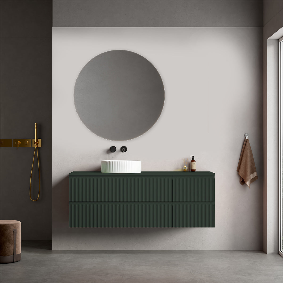 Mobile bagno sospeso cannettato reversibile  140 cm Verde Comodoro  per Lavabo d'appoggio Specchio Tondo - Fiji Paint Top Canneté
