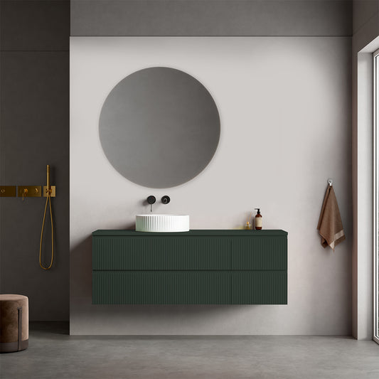 Mobile bagno sospeso cannettato reversibile  140 cm Verde Comodoro  per Lavabo d'appoggio Specchio Tondo - Fiji Paint Top Canneté