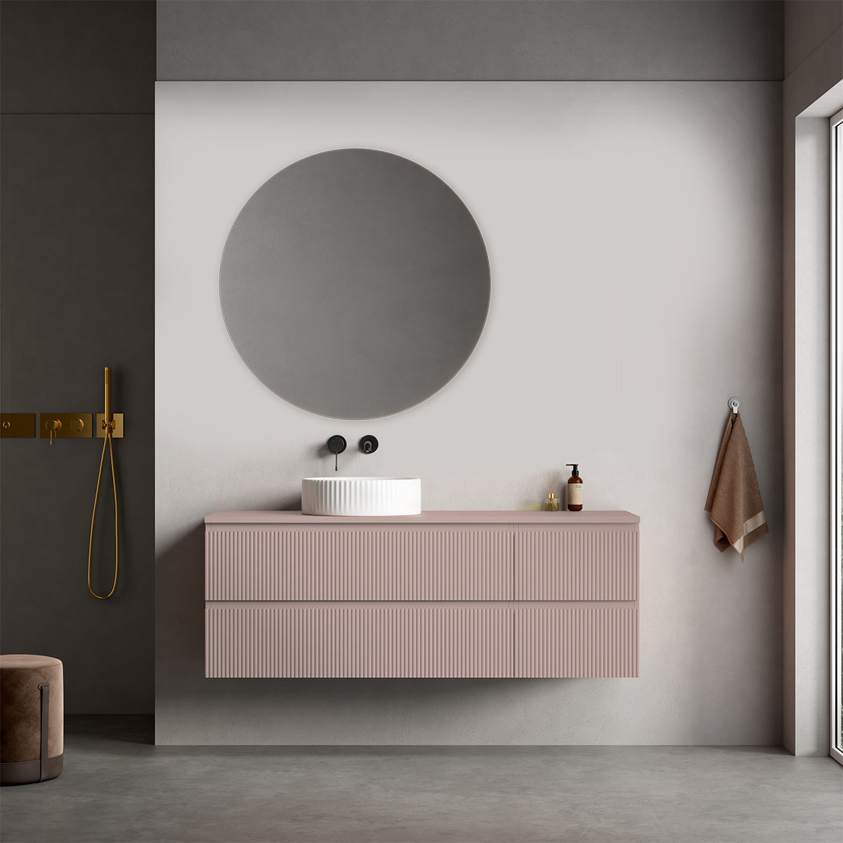 Mobile bagno sospeso cannettato reversibile  140 cm Rosa Retrò per Lavabo d'appoggio Specchio Tondo - Fiji Paint Top Canneté