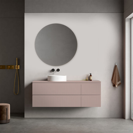 Mobile bagno sospeso cannettato reversibile  140 cm Rosa Retrò per Lavabo d'appoggio Specchio Tondo - Fiji Paint Top Canneté