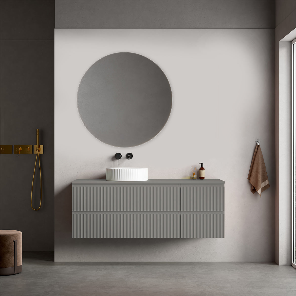 Mobile bagno sospeso cannettato reversibile  140 cm Grigio Londra per Lavabo d'appoggio Specchio Tondo - Fiji Paint Top Canneté