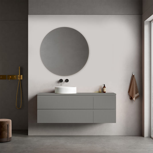 Mobile bagno sospeso cannettato reversibile  140 cm Grigio Londra per Lavabo d'appoggio Specchio Tondo - Fiji Paint Top Canneté