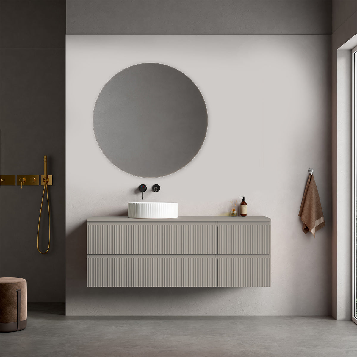 Mobile bagno sospeso cannettato reversibile  140 cm Grigio Cenere  per Lavabo d'appoggio Specchio Tondo - Fiji Paint Top Canneté