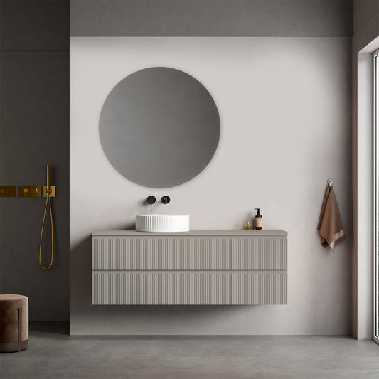 Mobile bagno sospeso cannettato reversibile  140 cm Grigio Cenere  per Lavabo d'appoggio Specchio Tondo - Fiji Paint Top Canneté