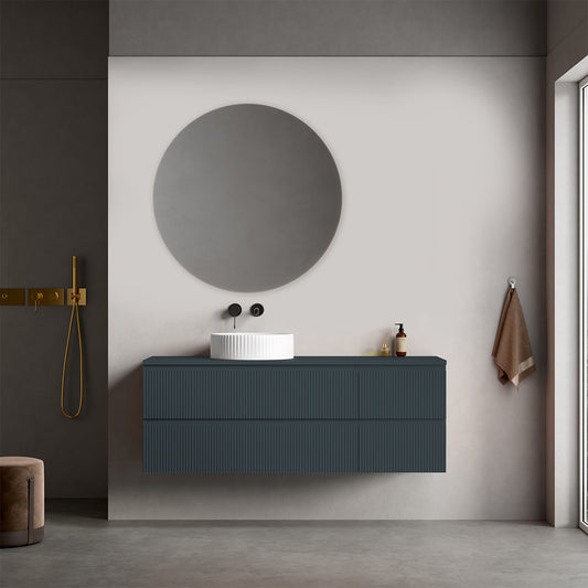 Mobile bagno sospeso cannettato reversibile  140 cm Blu Mare per Lavabo d'appoggio Specchio Tondo - Fiji Paint Top Canneté