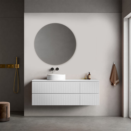 Mobile bagno sospeso cannettato reversibile  140 cm Bianco Opaco per Lavabo d'appoggio Specchio Tondo - Fiji Paint Top Canneté