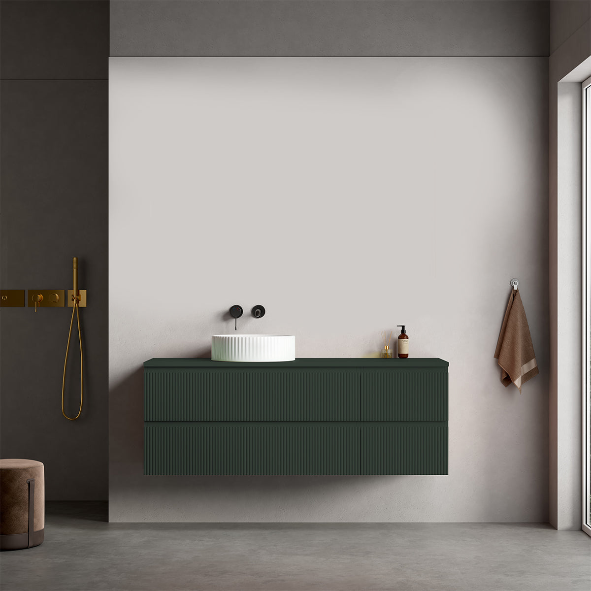 Mobile bagno sospeso cannettato reversibile  140 cm Verde Comodoro  per Lavabo d'appoggio Senza Specchio - Fiji Paint Top Canneté