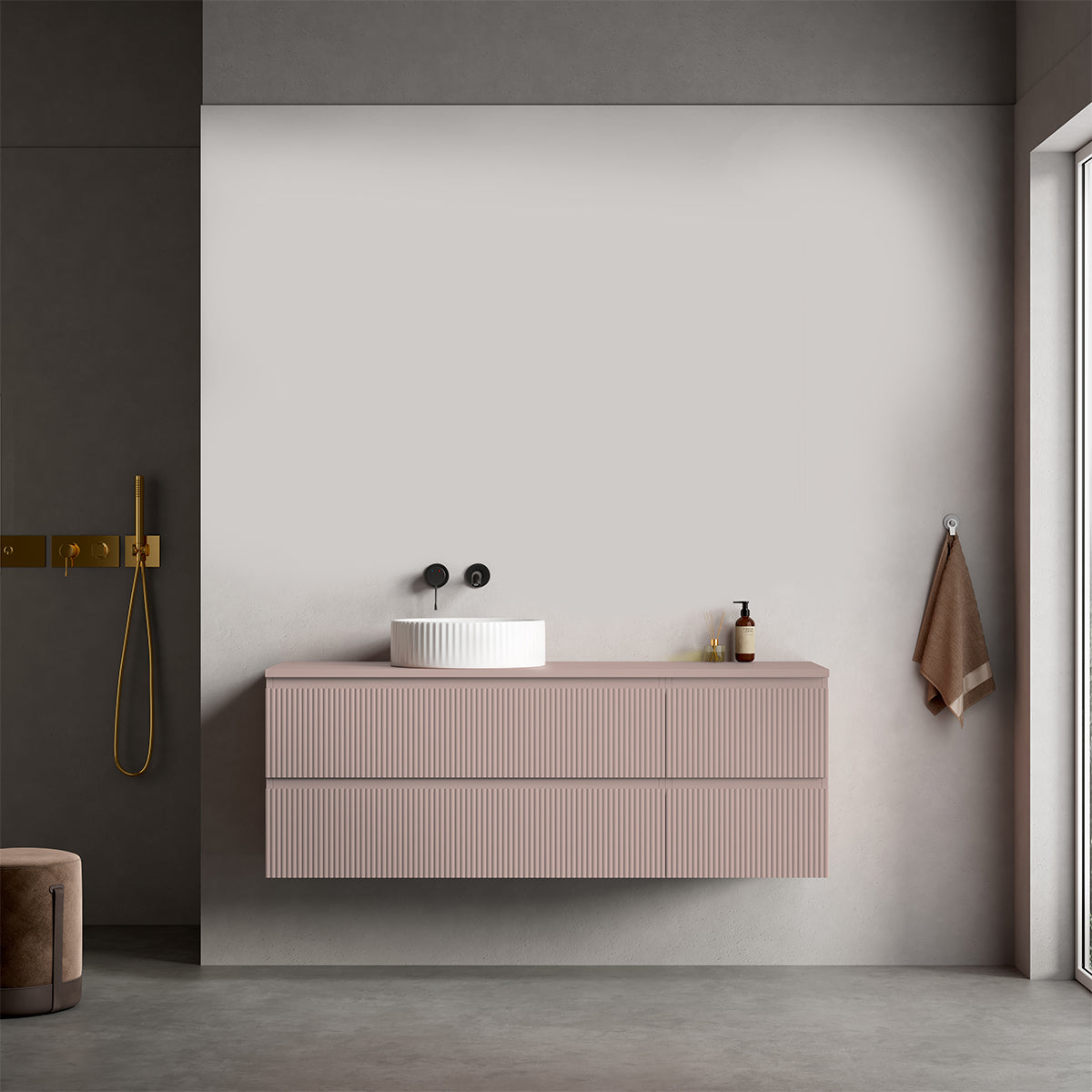 Mobile bagno sospeso cannettato reversibile  140 cm Rosa Retrò per Lavabo d'appoggio Senza Specchio - Fiji Paint Top Canneté