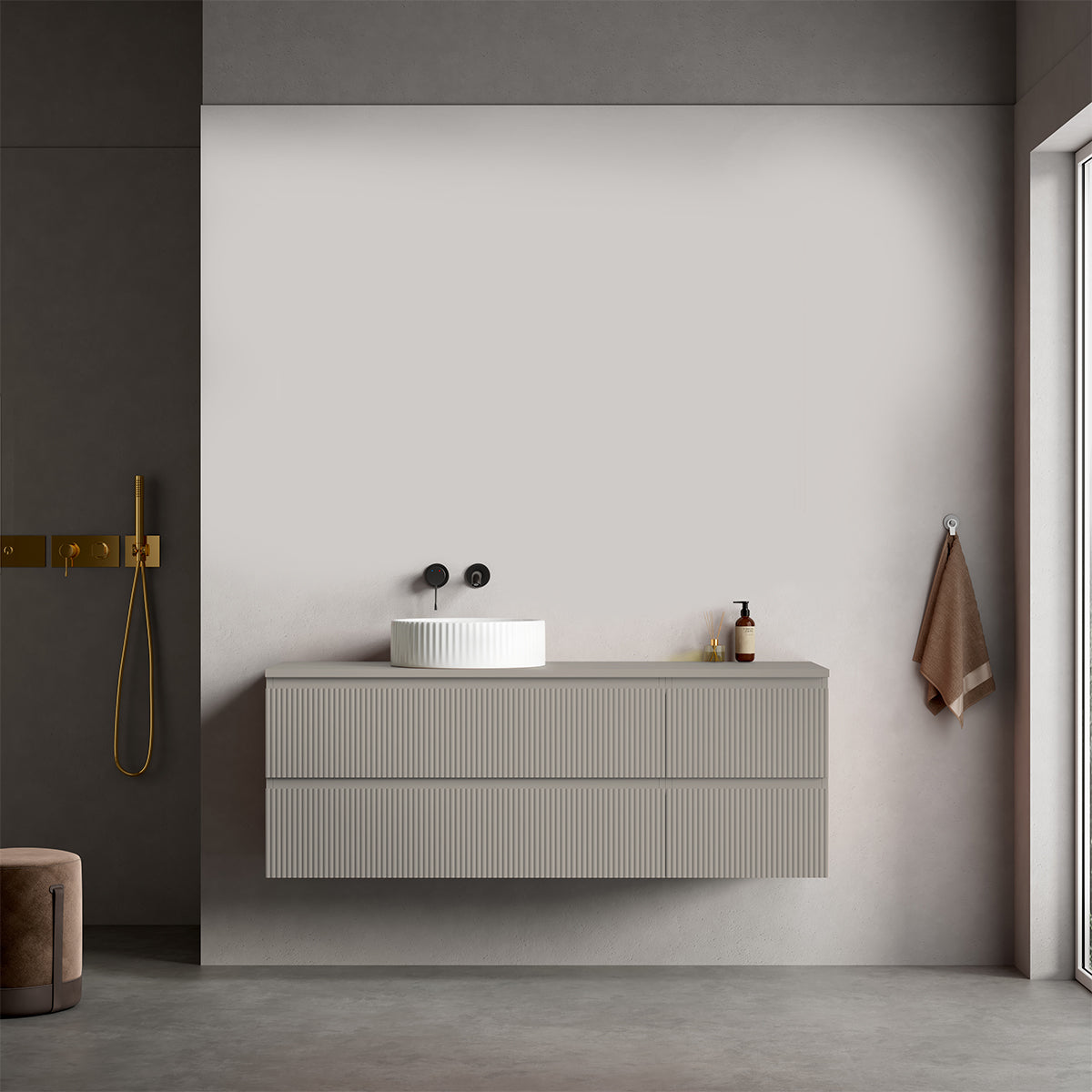 Mobile bagno sospeso cannettato reversibile  140 cm Grigio Cenere  per Lavabo d'appoggio Senza Specchio - Fiji Paint Top Canneté