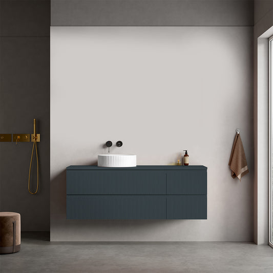 Mobile bagno sospeso cannettato reversibile  140 cm Blu Mare per Lavabo d'appoggio Senza Specchio - Fiji Paint Top Canneté