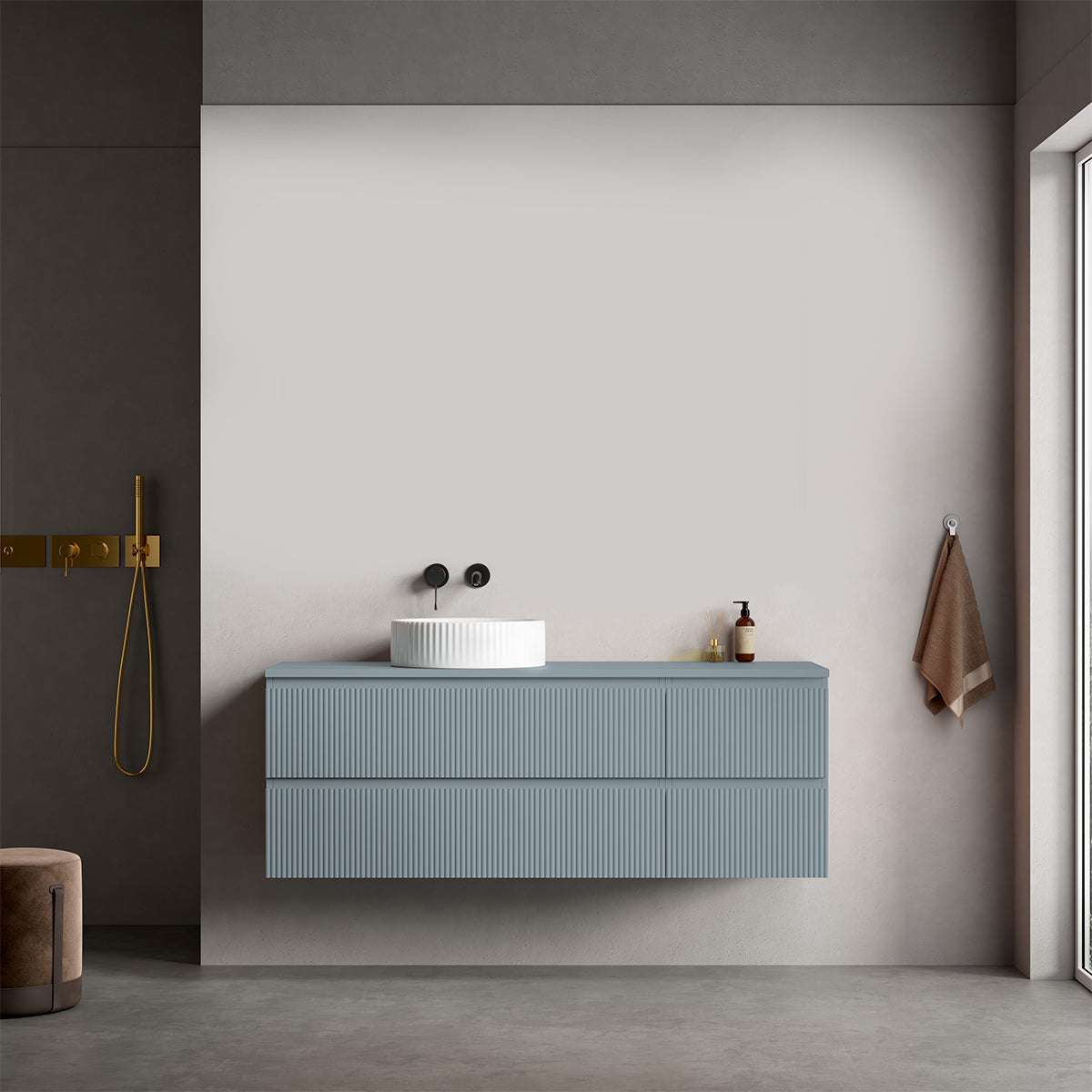 Mobile bagno sospeso cannettato reversibile  140 cm Blu Avio per Lavabo d'appoggio Senza Specchio - Fiji Paint Top Canneté