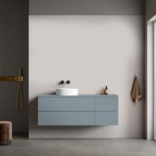 Mobile bagno sospeso cannettato reversibile  140 cm Blu Avio per Lavabo d'appoggio Senza Specchio - Fiji Paint Top Canneté