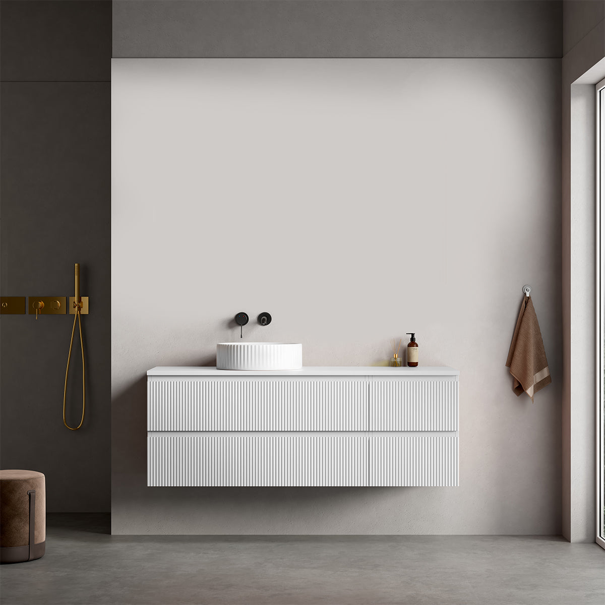 Mobile bagno sospeso cannettato reversibile  140 cm Bianco Opaco per Lavabo d'appoggio Senza Specchio - Fiji Paint Top Canneté