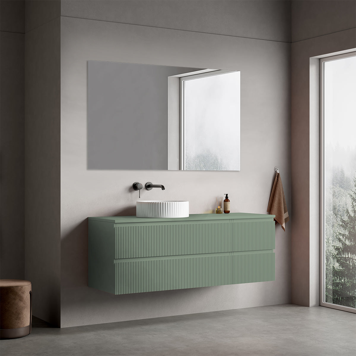 Mobile bagno sospeso cannettato reversibile  140 cm Verde Salvia per Lavabo d'appoggio Specchio Quadro - Fiji Paint Top Canneté