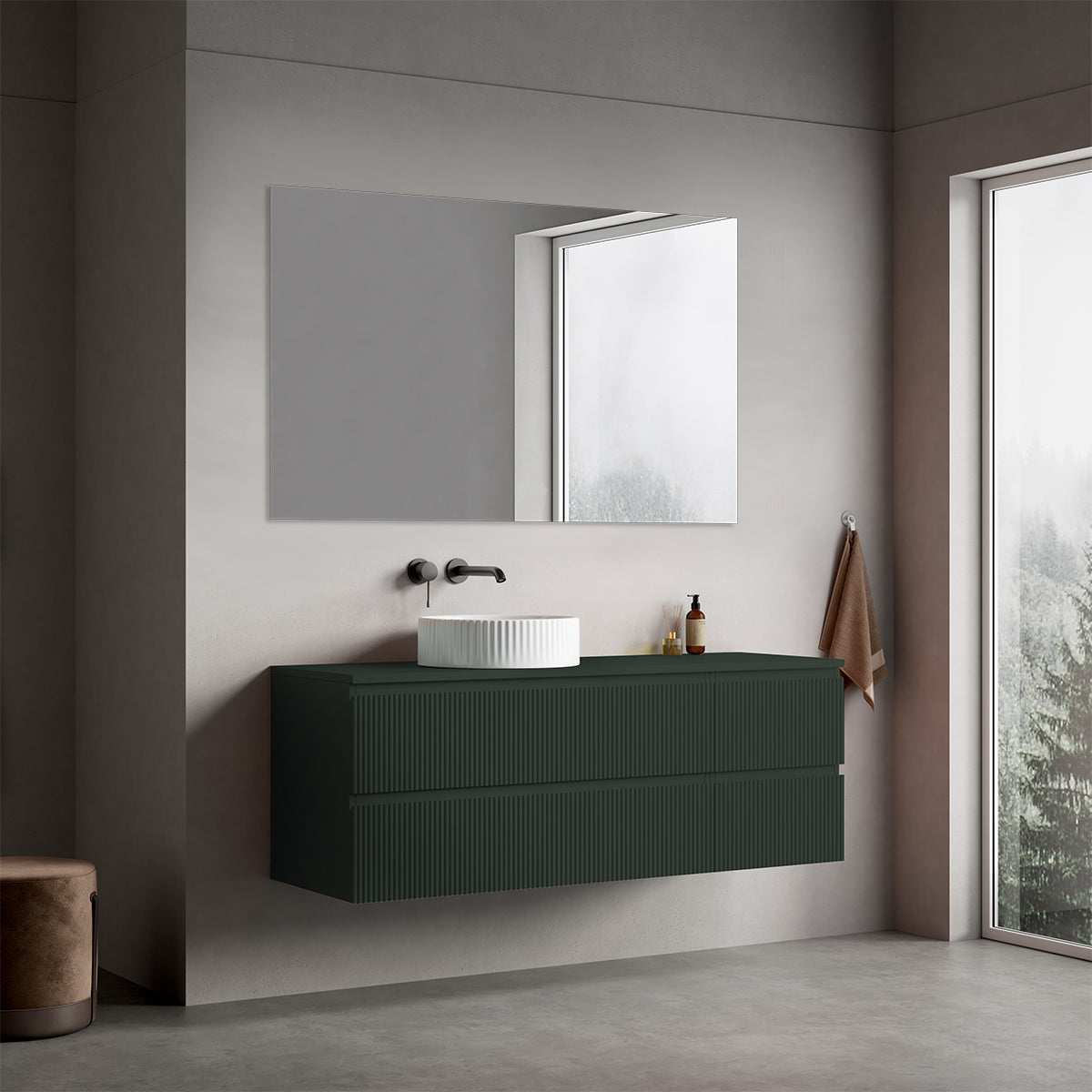 Mobile bagno sospeso cannettato reversibile  140 cm Verde Comodoro  per Lavabo d'appoggio Specchio Quadro - Fiji Paint Top Canneté