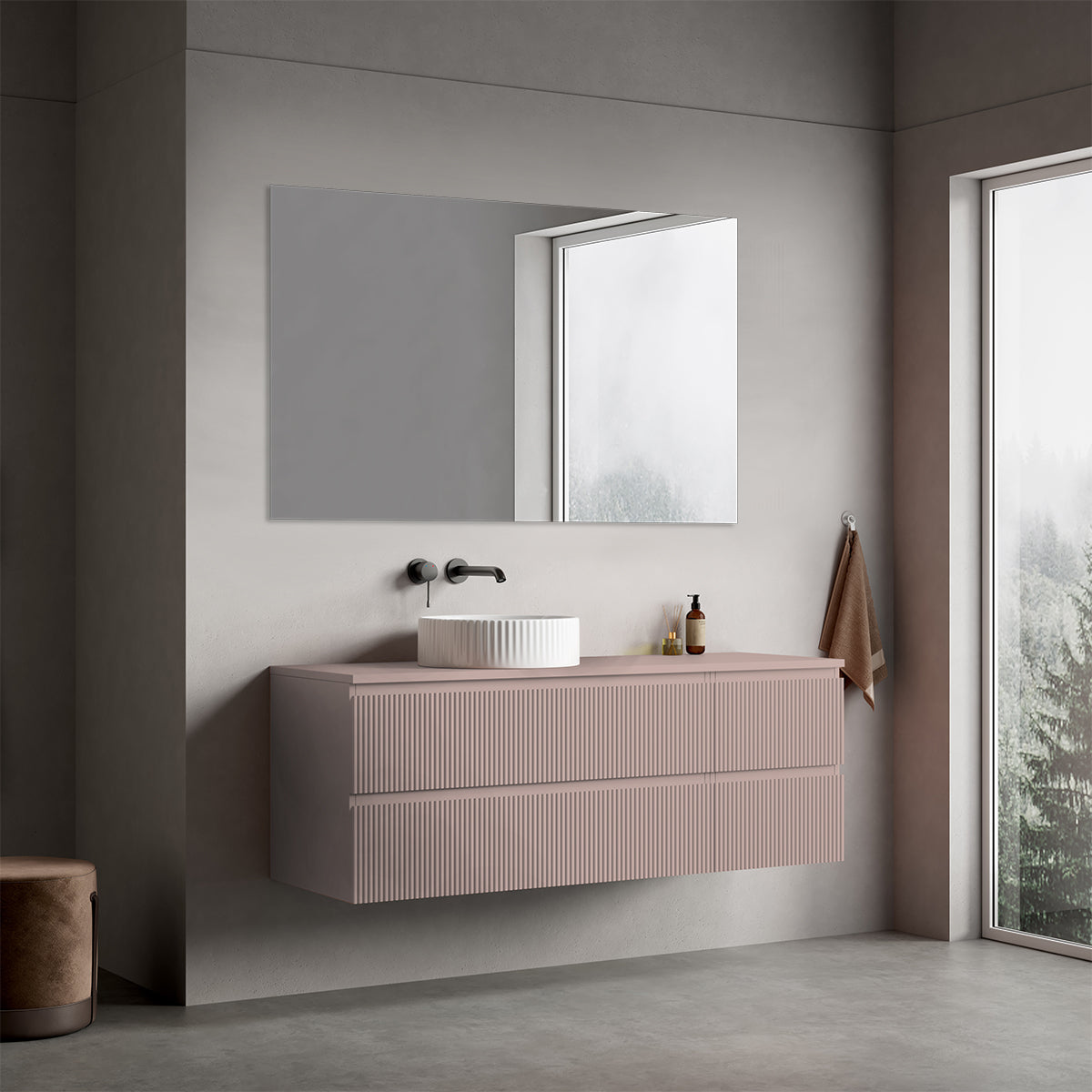 Mobile bagno sospeso cannettato reversibile  140 cm Rosa Retrò per Lavabo d'appoggio Specchio Quadro - Fiji Paint Top Canneté