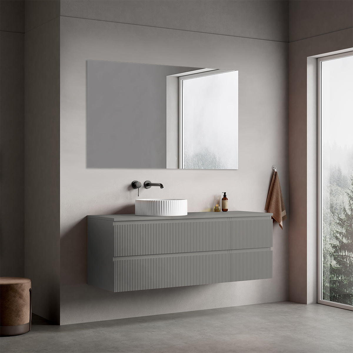 Mobile bagno sospeso cannettato reversibile  140 cm Grigio Londra per Lavabo d'appoggio Specchio Quadro - Fiji Paint Top Canneté