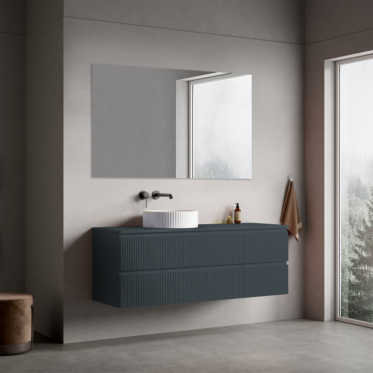 Mobile bagno sospeso cannettato reversibile  140 cm Blu Mare per Lavabo d'appoggio Specchio Quadro - Fiji Paint Top Canneté