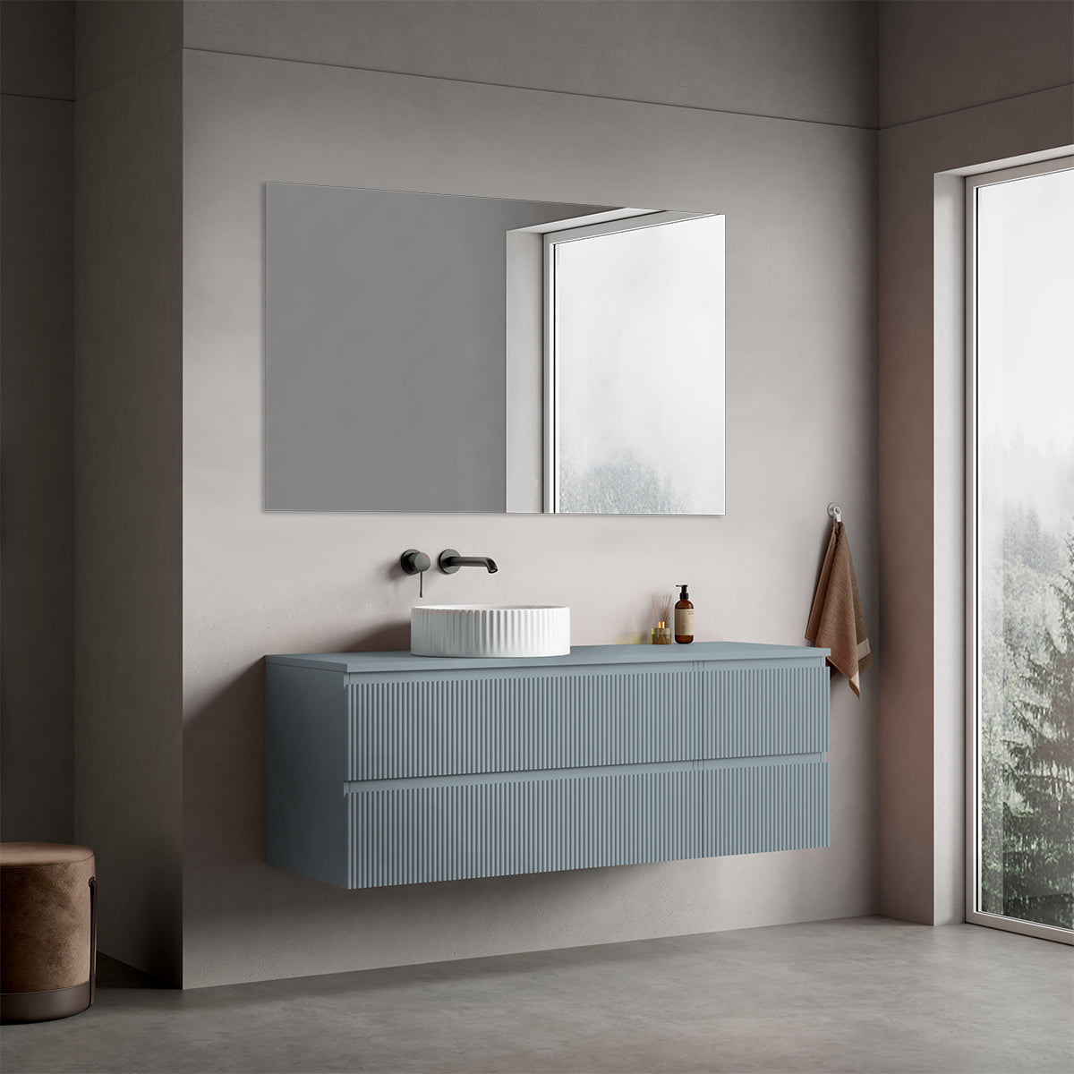 Mobile bagno sospeso cannettato reversibile  140 cm Blu Avio per Lavabo d'appoggio Specchio Quadro - Fiji Paint Top Canneté