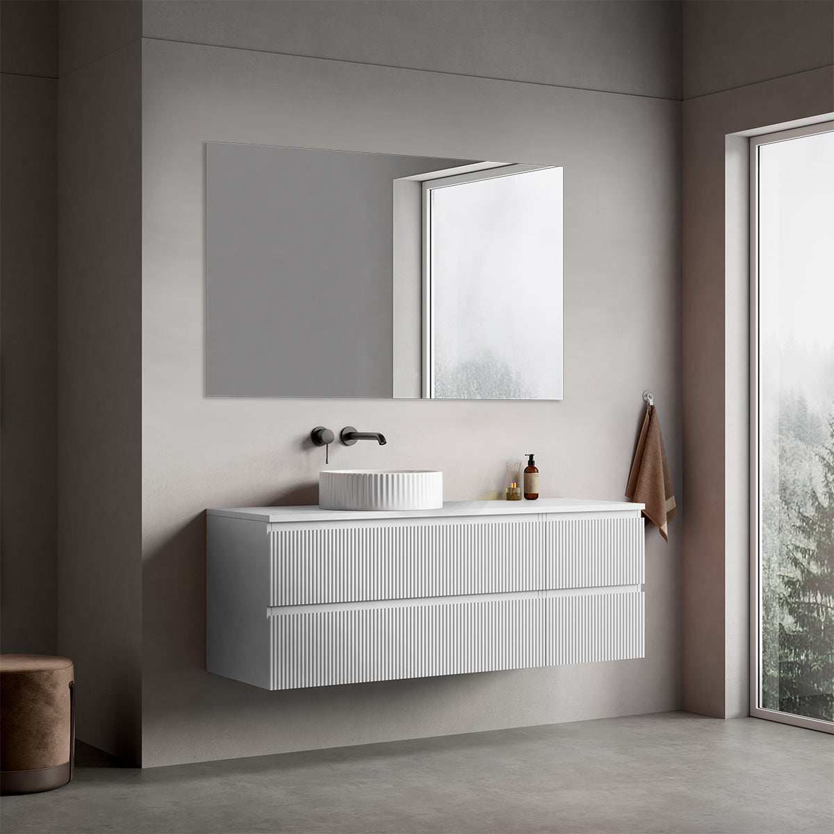 Mobile bagno sospeso cannettato reversibile  140 cm Bianco Opaco per Lavabo d'appoggio Specchio Quadro - Fiji Paint Top Canneté