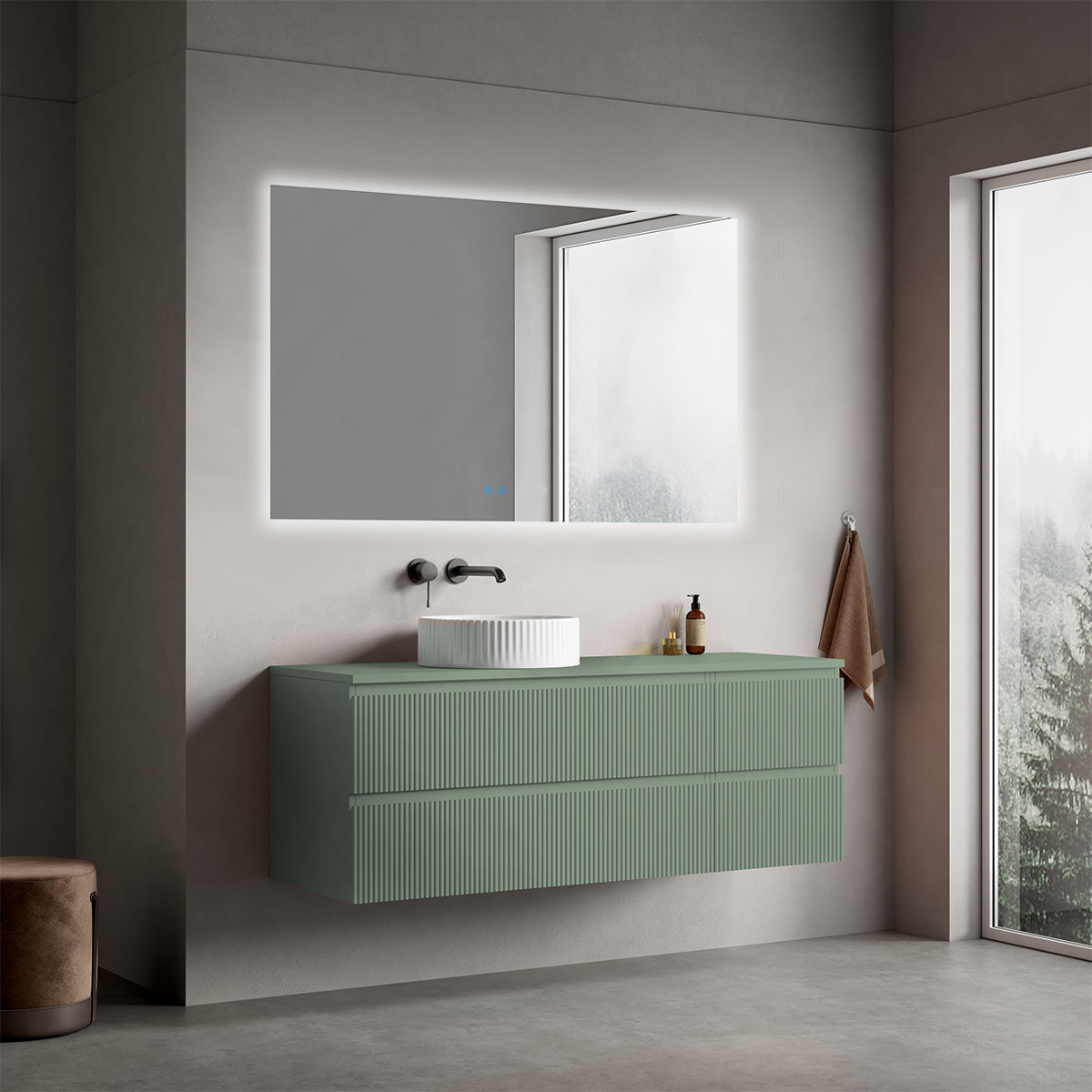 Mobile bagno sospeso cannettato reversibile  140 cm Verde Salvia per Lavabo d'appoggio Specchio Quadro Retroilluminato - Fiji Paint Top Canneté